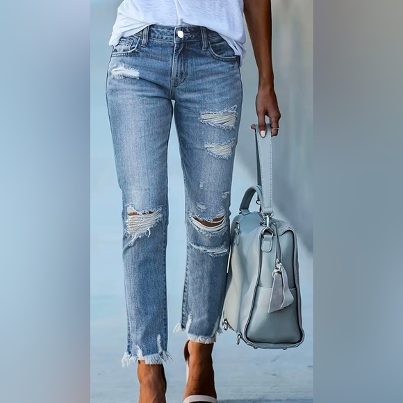Luna Boutique Denim - Distressed Cropped Jeans | Raw Hem | Street Style | Mid-Rise | New | 6